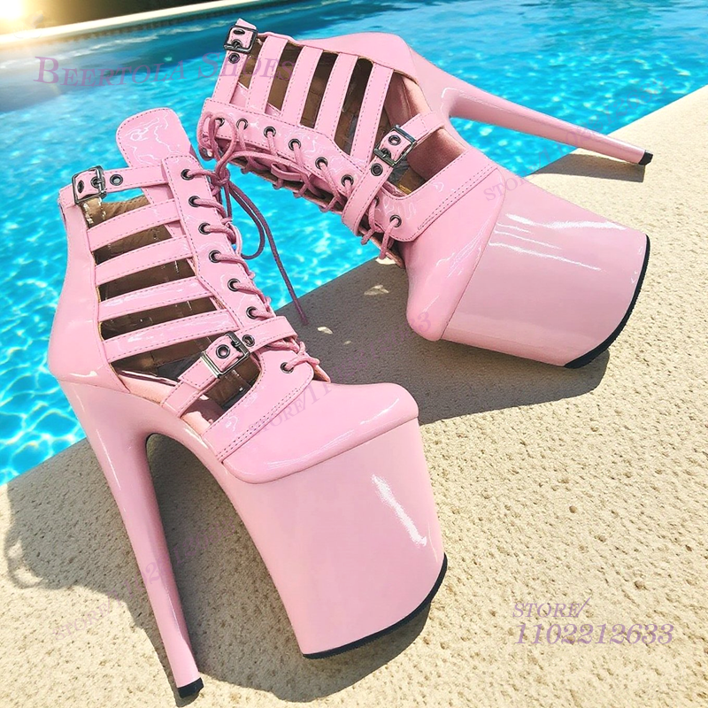 Women Shoes Model - Pink Patent Leather Striped Hollow Mesh