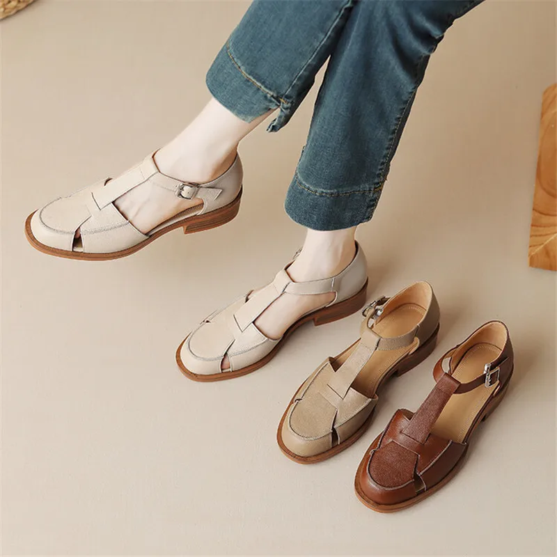 Women Shoes Model - 2023 Summer Sandals Cowhide Round Toe